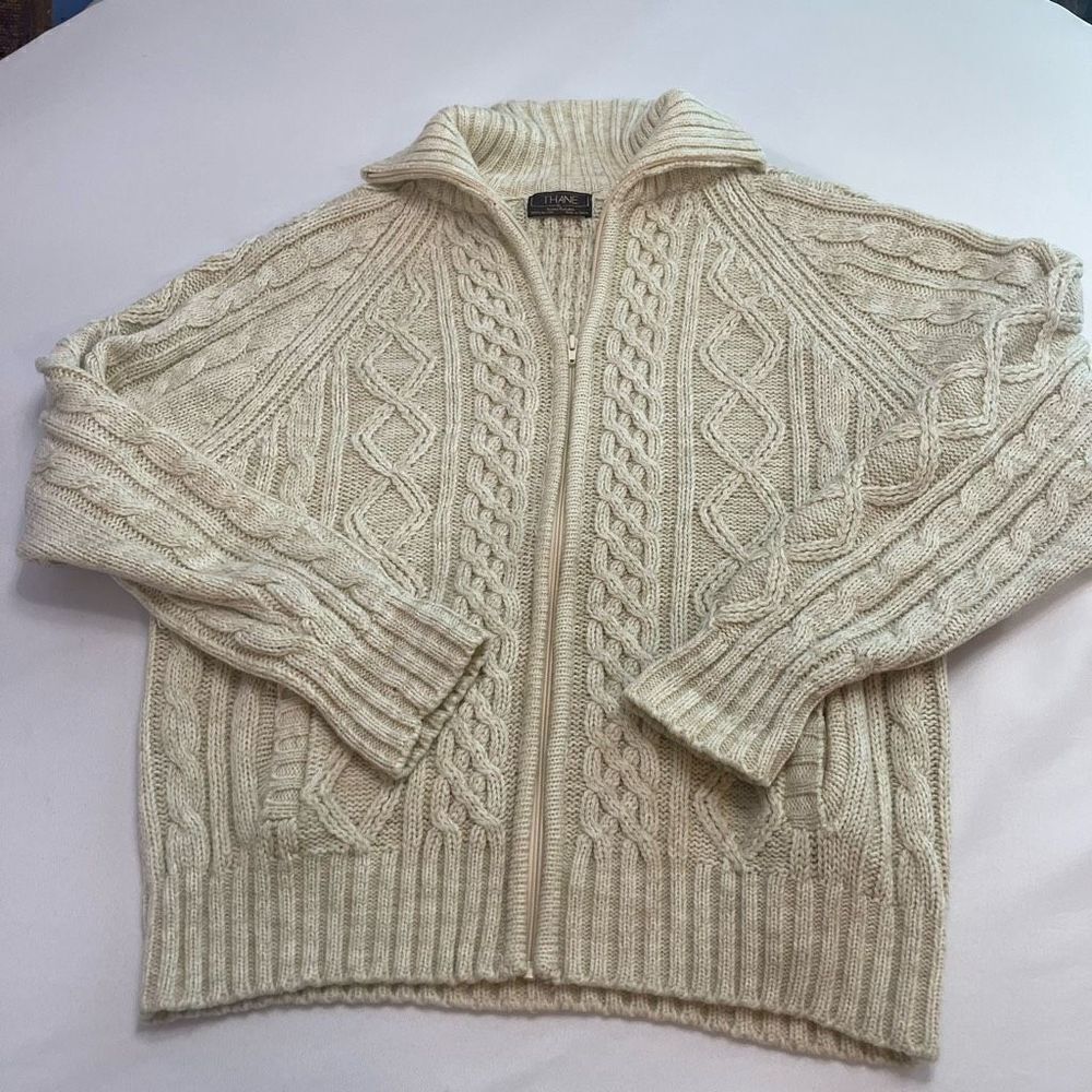 THANE Vintage Cable Knit Full Zip Fisherman Cottage Core Sweater Jacket Size XL